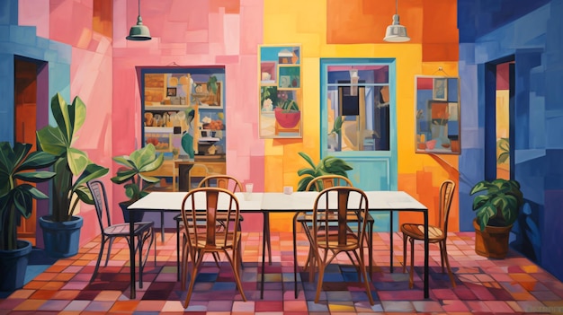 Foto una pintura de un restaurante con paredes coloridas