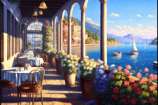 Una pintura de un restaurante con vista al lago y las montañas al fondo.