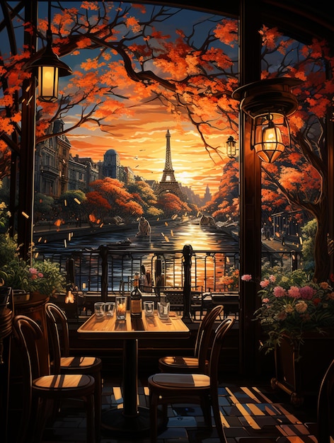 pintura de un restaurante con una vista de la torre Eiffel generativa ai