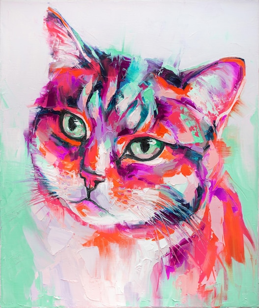 Pintura de retrato de gato al óleo en tonos multicolores Pintura abstracta conceptual Pintura de primer plano óleo y espátula sobre lienzo