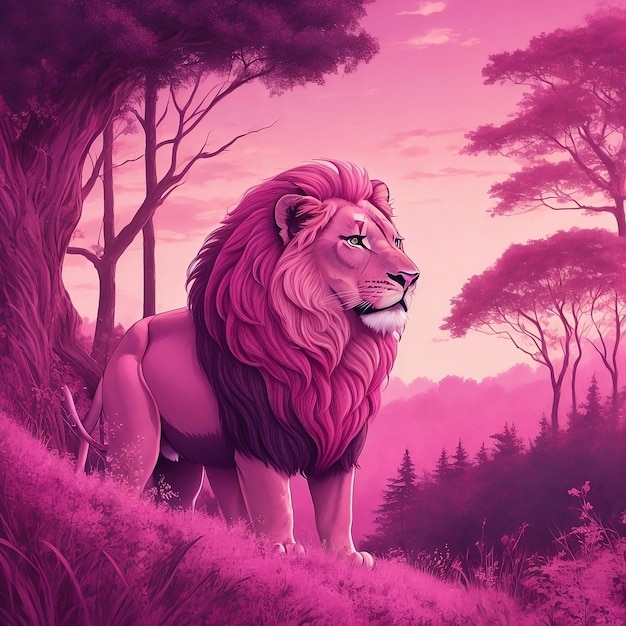 una pintura de un rey león en la naturaleza con un fondo rosa