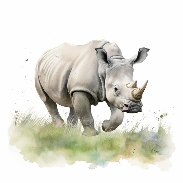 Pintura de un rinoceronte caminando en la hierba con un fondo blanco ai generativo
