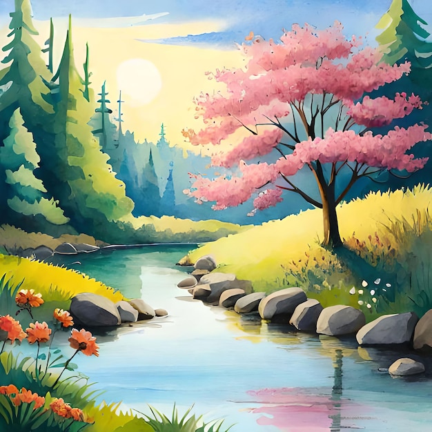 Una pintura de un río con un árbol rosa.