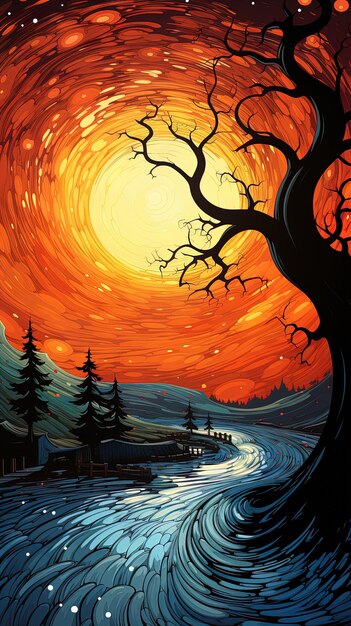 una pintura de un río con un árbol y el sol detrás de él