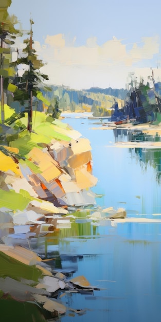 Pintura de río con árboles y rocas al estilo de Josef Kote