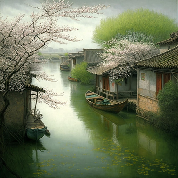 pintura de un río con barcos y casas a ambos lados ai generativo