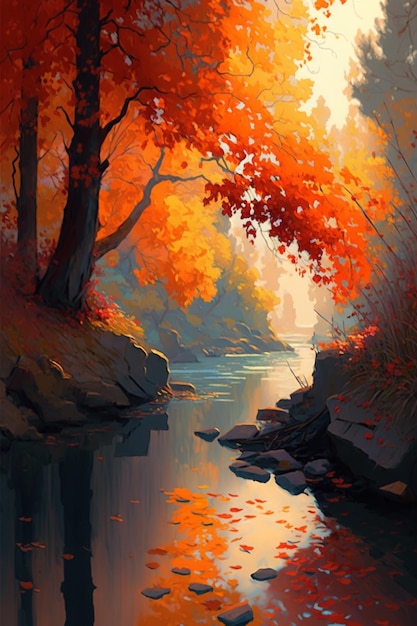 Una pintura de un río con un bosque al fondo.