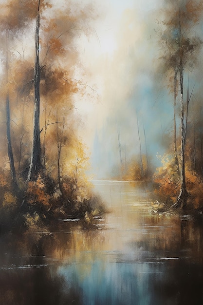 Una pintura de un río en el bosque con un bosque al fondo.
