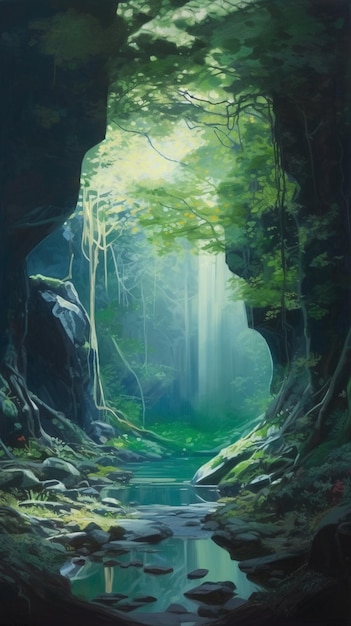 Una pintura de un río en un bosque con un bosque verde al fondo.