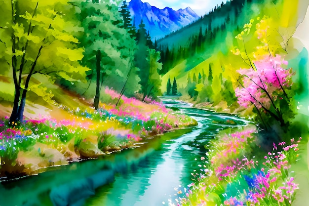 Una pintura de un río en un bosque con montañas al fondo.