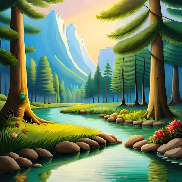 Una pintura de un río con un bosque y montañas al fondo.