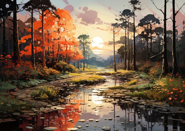 Pintura de un río en un bosque con una puesta de sol en el fondo