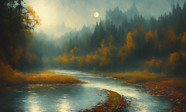 Una pintura de un río con un bosque y el sol detrás.