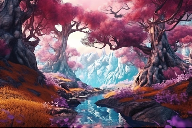 Una pintura de un río en un bosque