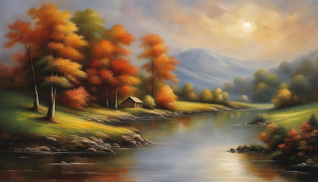 una pintura de un río con una cabaña en el fondo