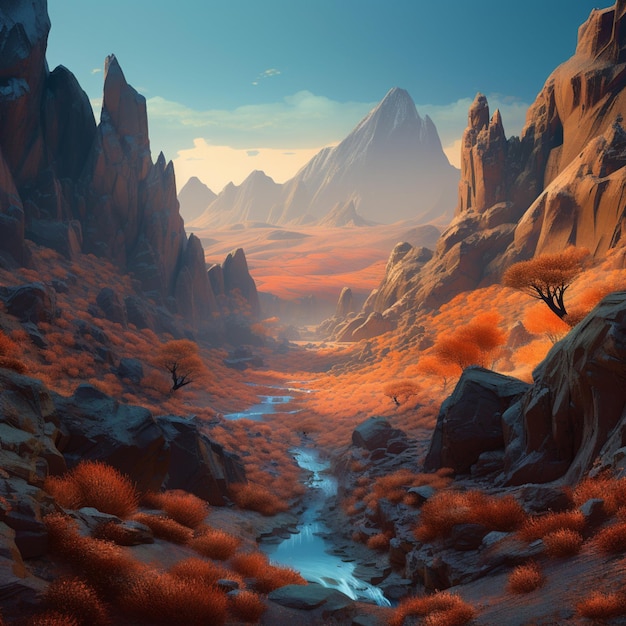 Una pintura de un río en un cañón con montañas al fondo.