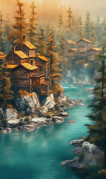 Una pintura de un río con casas y árboles.