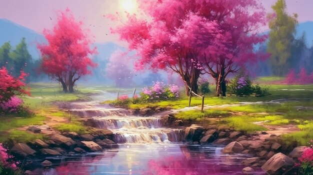 Una pintura de un río con una cascada y un árbol rosa.