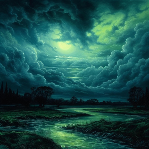 Una pintura de un río con un cielo verde y la luna sobre él.