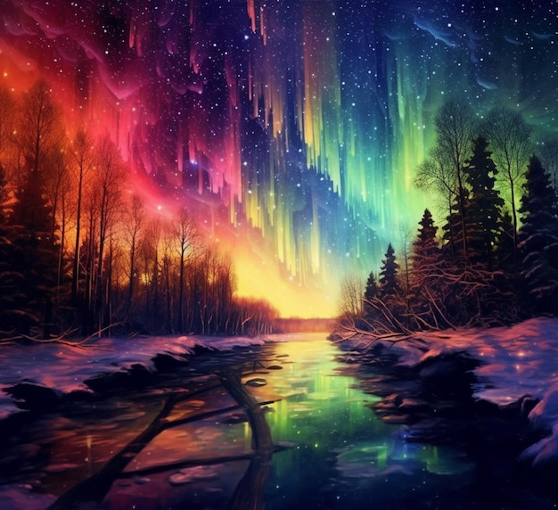 una pintura de un río con una colorida aurora bore en el fondo generativo ai