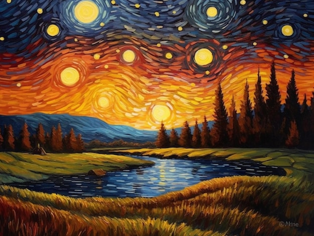 Una pintura de un río con estrellas en el cielo.