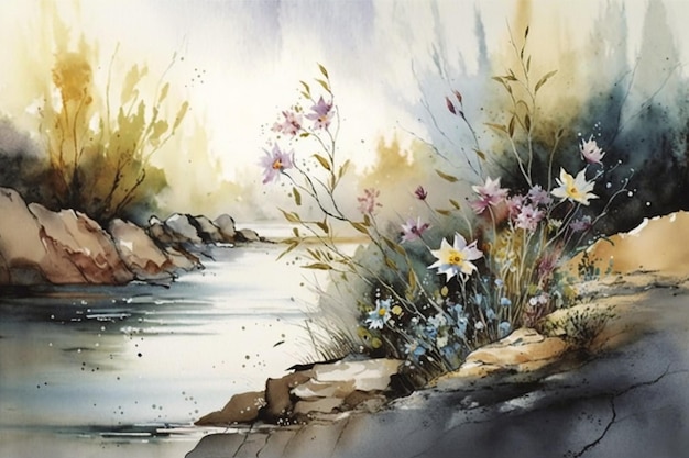 Pintura de un río con flores y rocas en primer plano ai generativo
