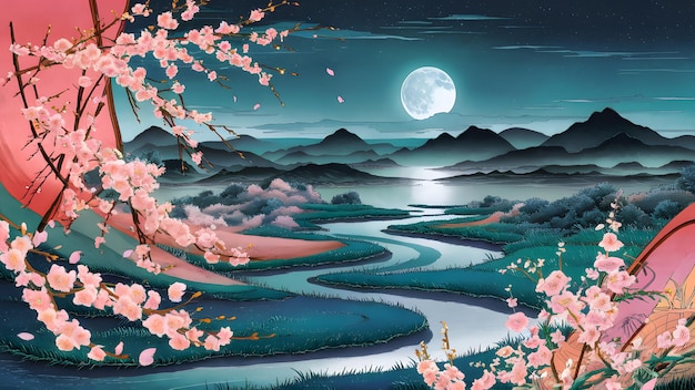 Foto una pintura de un río con flores rosas y la luna en el fondo