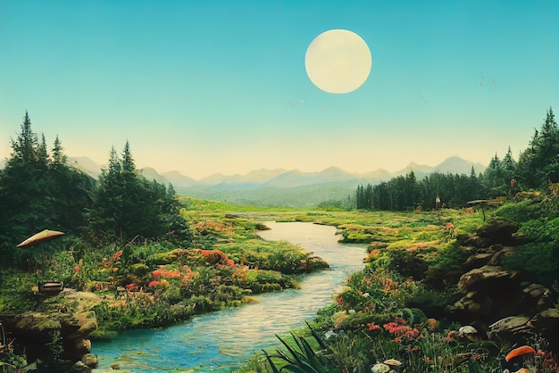 Una pintura de un río y una gran luna.