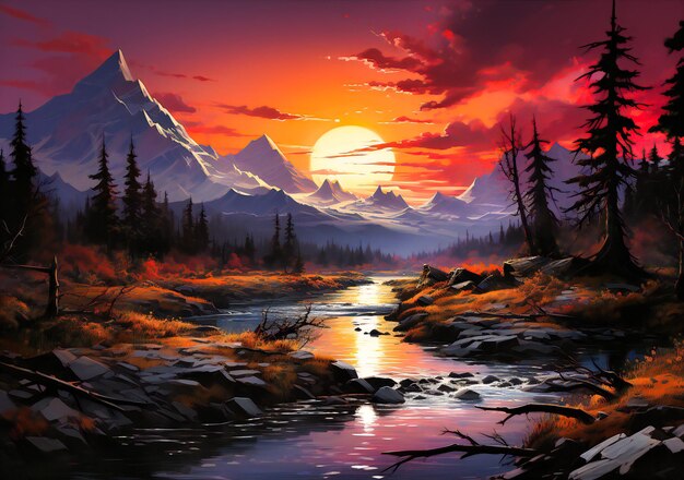 una pintura de un río con una hermosa puesta de sol