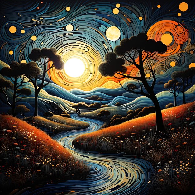 una pintura de un río con una luna y árboles