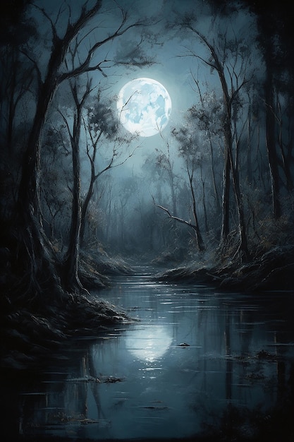 Una pintura de un río con una luna en el cielo.