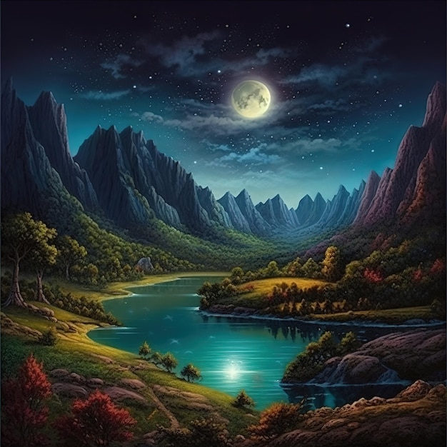 Una pintura de un río con una luna en el cielo.