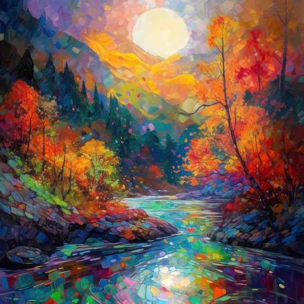 Una pintura de un río con una luna en el cielo.