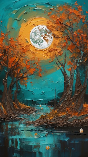 Una pintura de un río con una luna en el cielo.