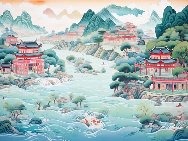 pintura de un río con una montaña y una pagoda en el fondo generativo ai