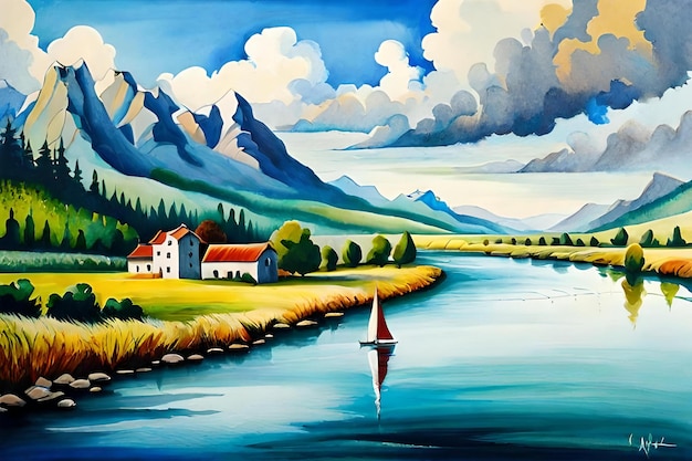 Una pintura de un río con montañas al fondo.