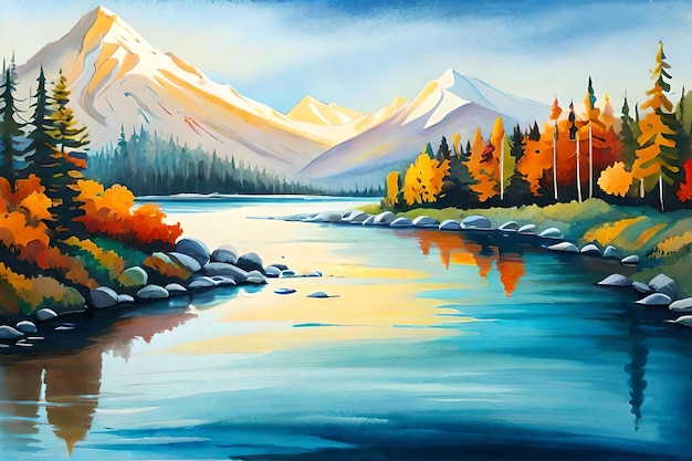 Una pintura de un río con montañas al fondo.