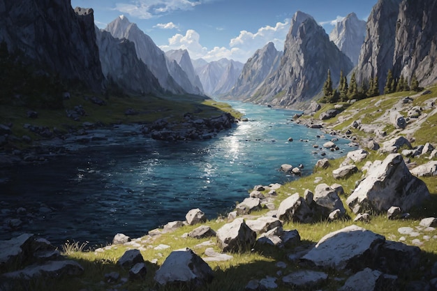 Una pintura de un río con montañas al fondo.