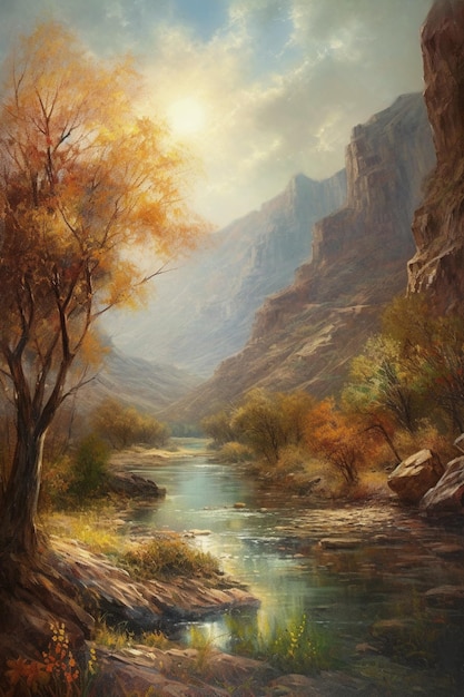 Una pintura de un río con montañas al fondo.