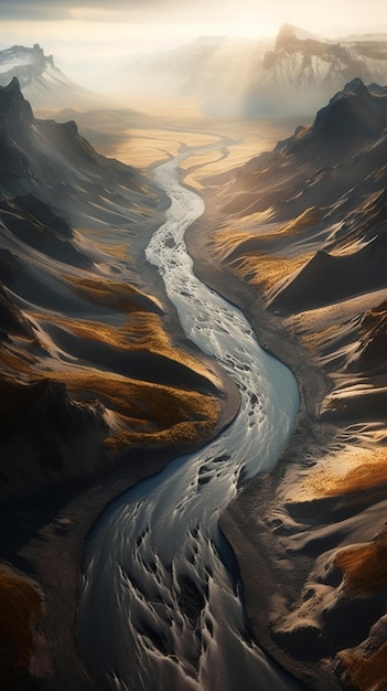 Una pintura de un río con montañas al fondo.