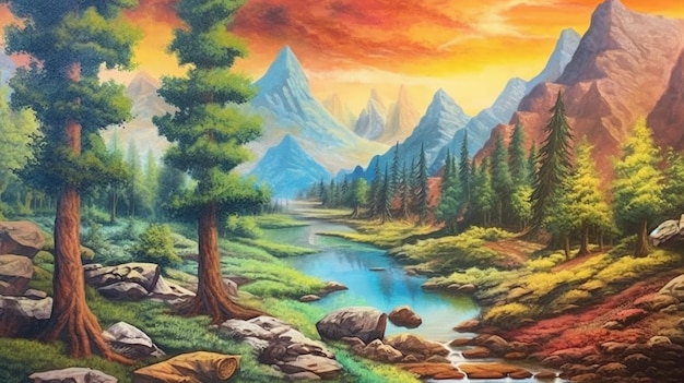 Una pintura de un río con montañas al fondo.