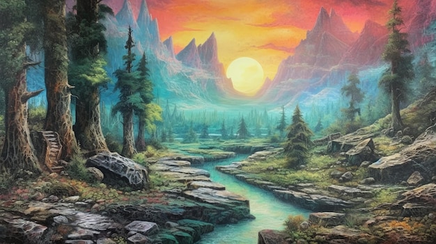 Una pintura de un río con montañas al fondo.