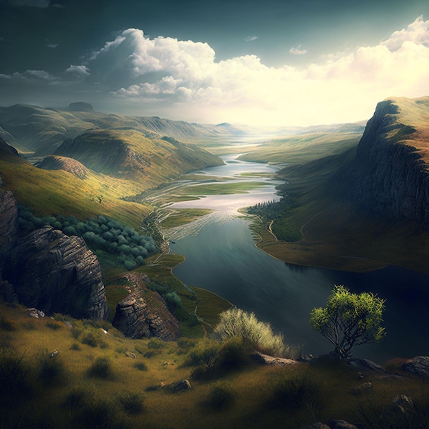 Una pintura de un río y montañas con un árbol verde en primer plano.
