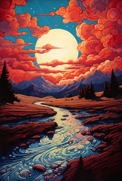 una pintura de un río y montañas con una luna en el cielo