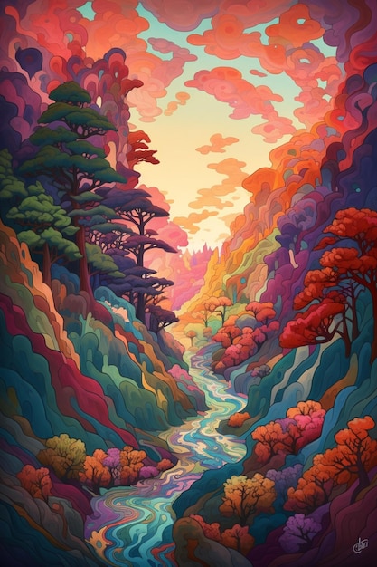 Una pintura de un río en las montañas.