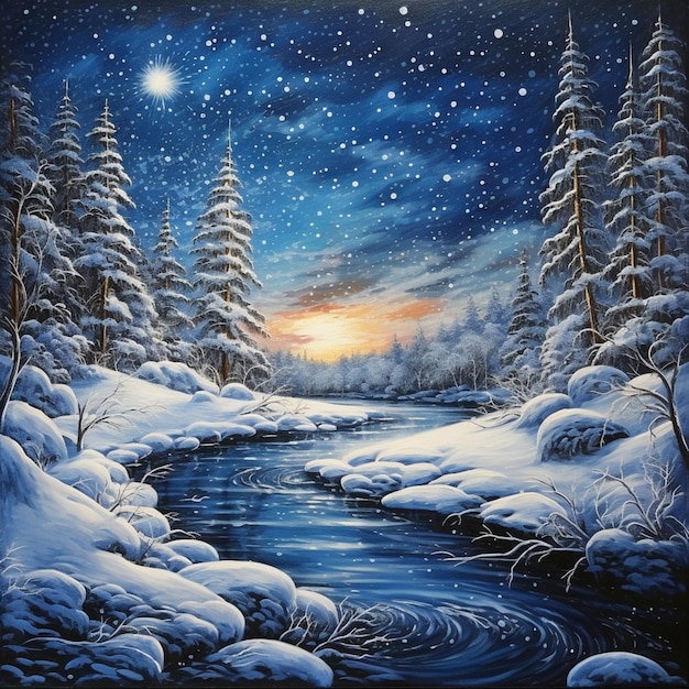 pintura de un río nevado con un bosque nevado y una luna llena generativa ai