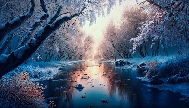 Una pintura de un río con nieve en el suelo.