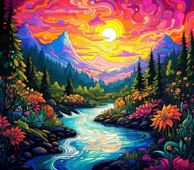 pintura de un río en un paisaje colorido con árboles y flores ai generativo