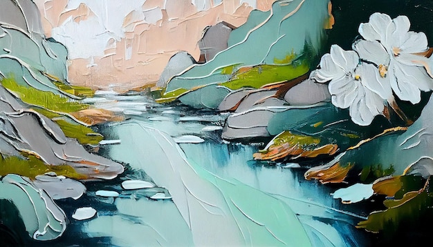 Una pintura de un río con un paisaje de montaña al fondo.