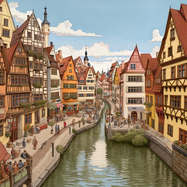 Foto una pintura de un río con un puente y edificios en el fondo
